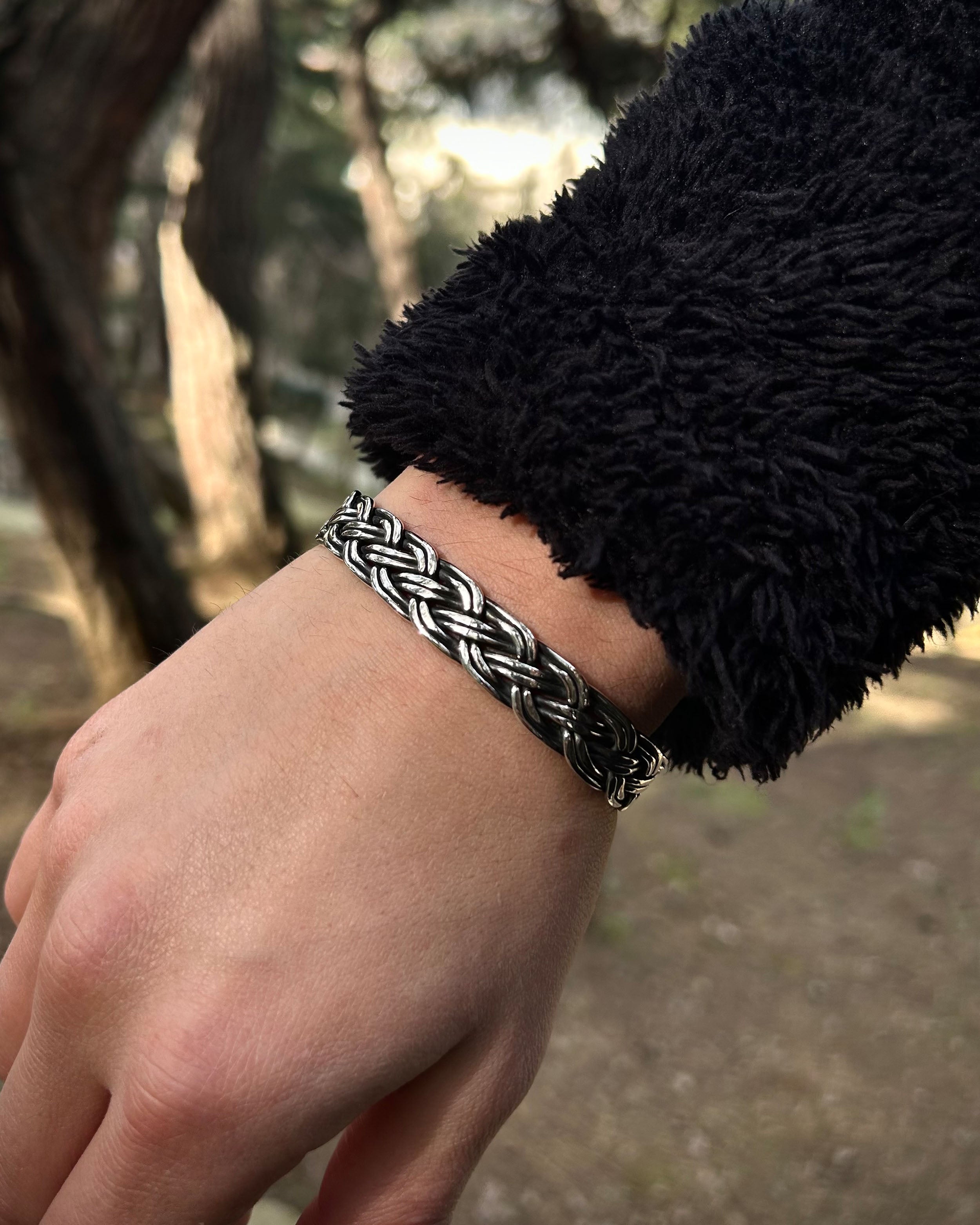 925 Sterling Silver Hand-Woven Cuff Bracelet - Adjustable Design