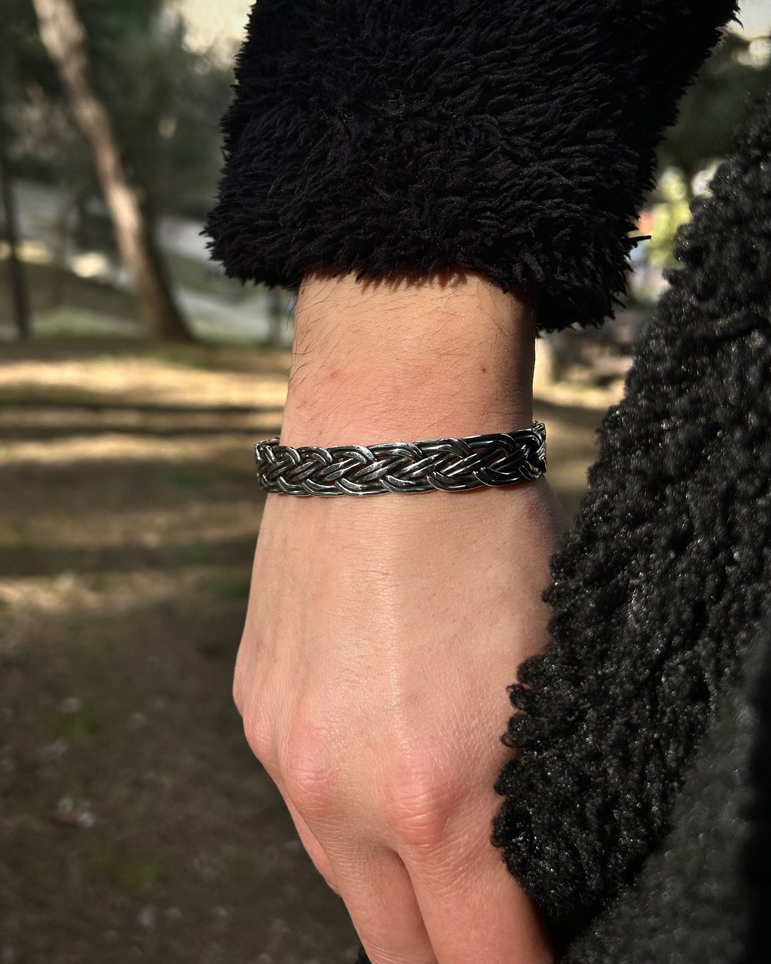 925 Sterling Silver Hand-Woven Cuff Bracelet - Adjustable Design