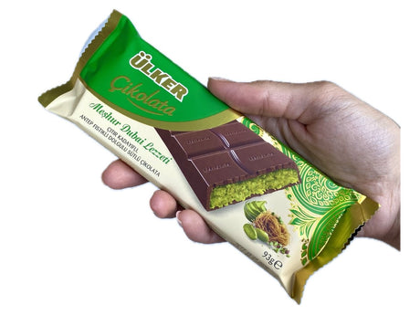 Ulker Dubai Chocolate bar with Antep pistachio cream and visible crunchy kadaif pieces- TryAladdin