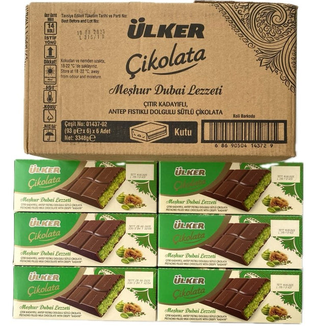 Ulker Dubai Chocolate bar with Antep pistachio cream and visible crunchy kadaif pieces