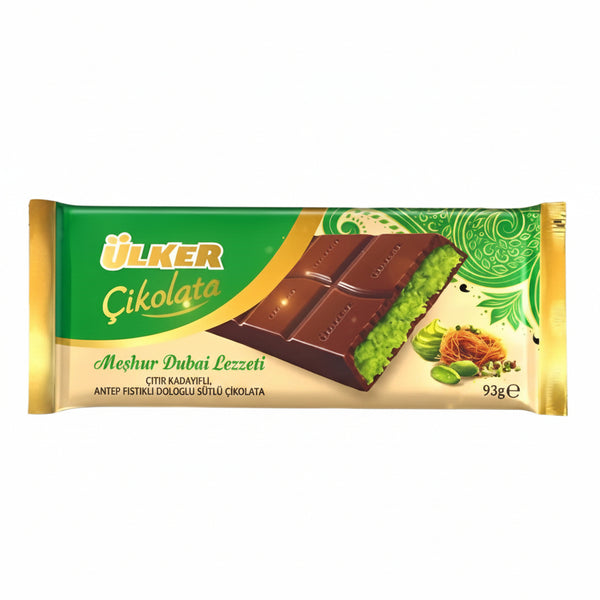 Ulker Dubai Chocolate bar with Antep pistachio cream and visible crunchy kadaif pieces- TryAladdin