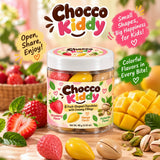 Čokolády Chocco Kiddy ve tvaru ovoce s krémovou náplní – 8 ks v průhledné dóze (3.43 oz) | Příchutě jahody, manga a pistácie