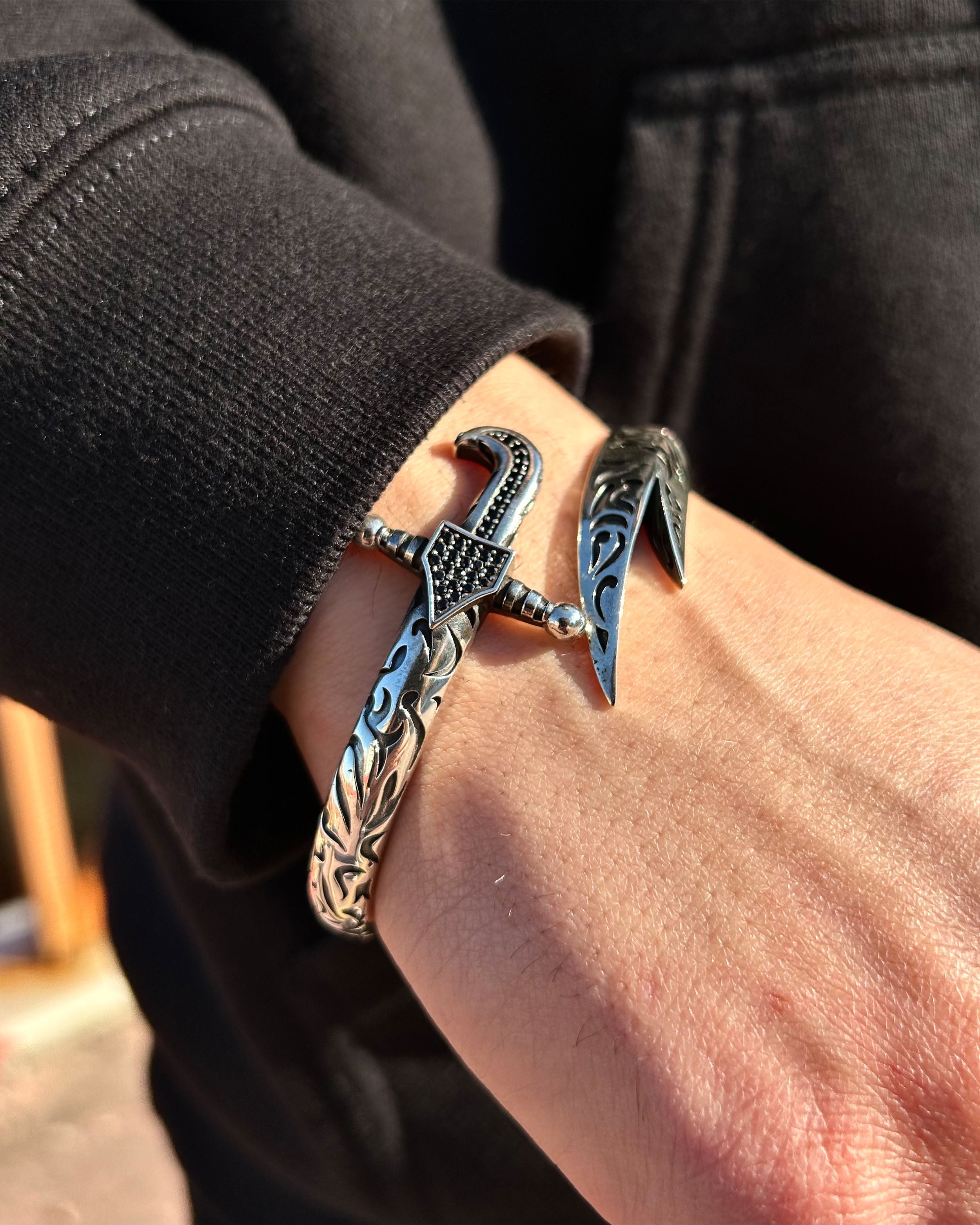 925 Sterling Silver Engraved Zulfiqar Cuff Bracelet - Adjustable