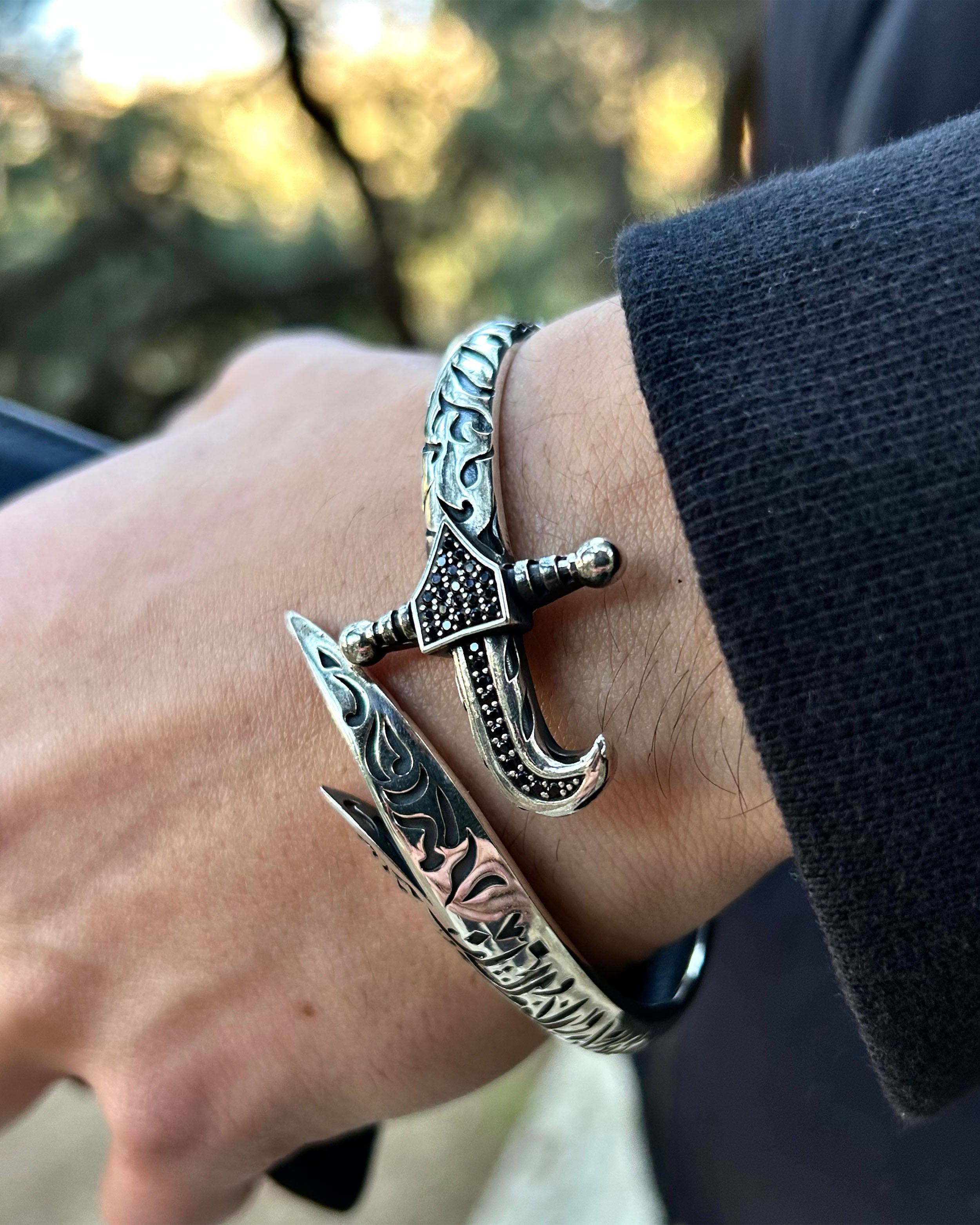 925 Sterling Silver Engraved Zulfiqar Cuff Bracelet - Adjustable
