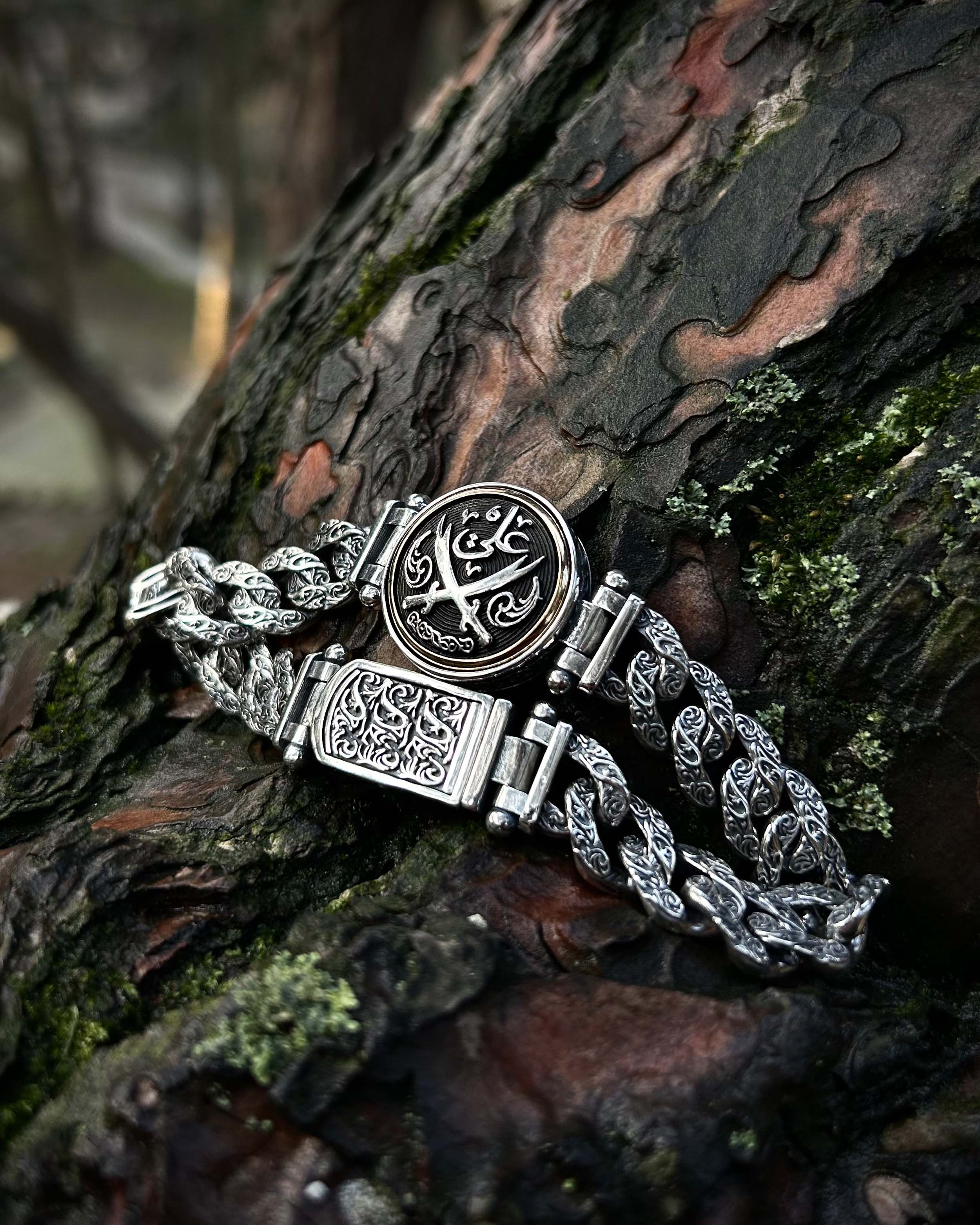925 Sterlingsilber Zulfiqar Kettenarmband – Graviertes symbolisches Design