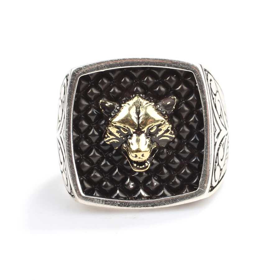 Sterling Silver Men's Ring - Wolf Head with Engraved Sides
