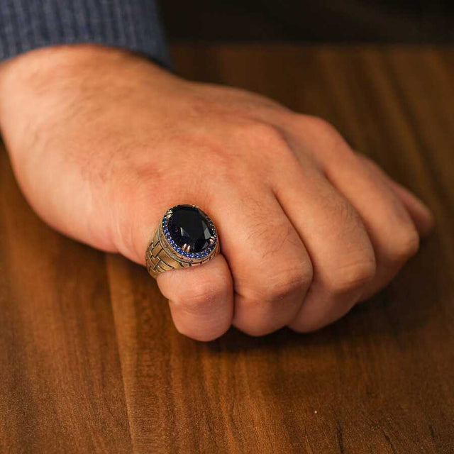925 Sterling Silver Men's Ring - Synthetic Sapphire & Zircon