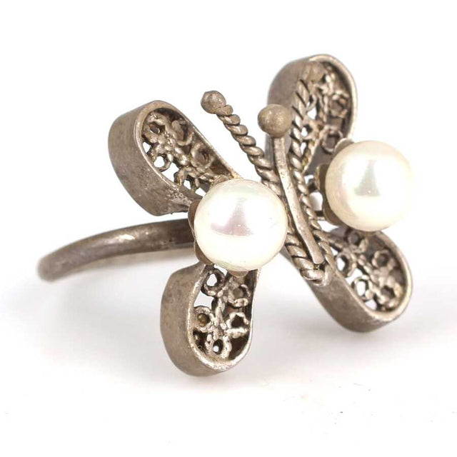 Handcrafted Sterling Silver Pearl Butterfly Filigree Ring