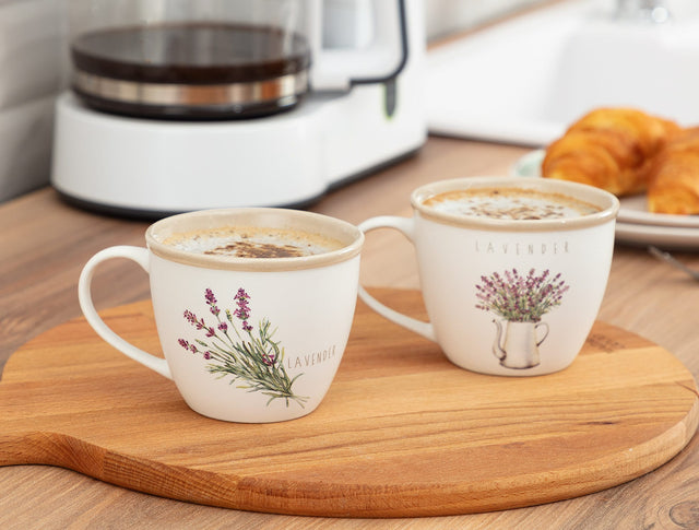 New Bone China Two-Piece Mug Set - Delicate Lavender Pattern