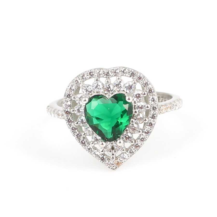 Sterling Silver Heart Ring - Emerald Color Zircon Double Halo