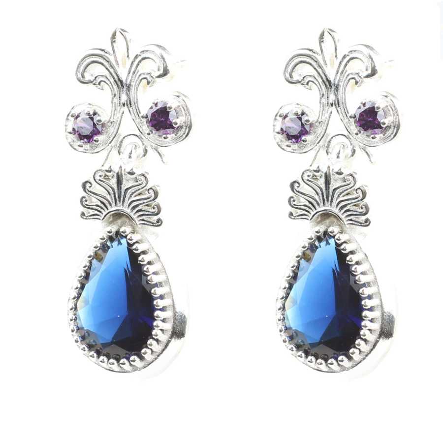Sterling Silver Sapphire & Amethyst Antique Drop Earrings
