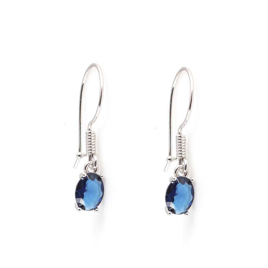 925 Sterling Silver Oval Synthetic Sapphire Dangle Earrings