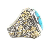 Handcrafted 925 Sterling Silver Men's Ring with Real Turquoise & Engraving