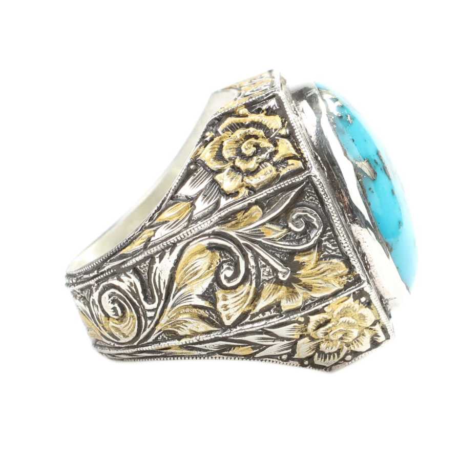 Handcrafted 925 Sterling Silver Men's Ring with Real Turquoise & Engraving