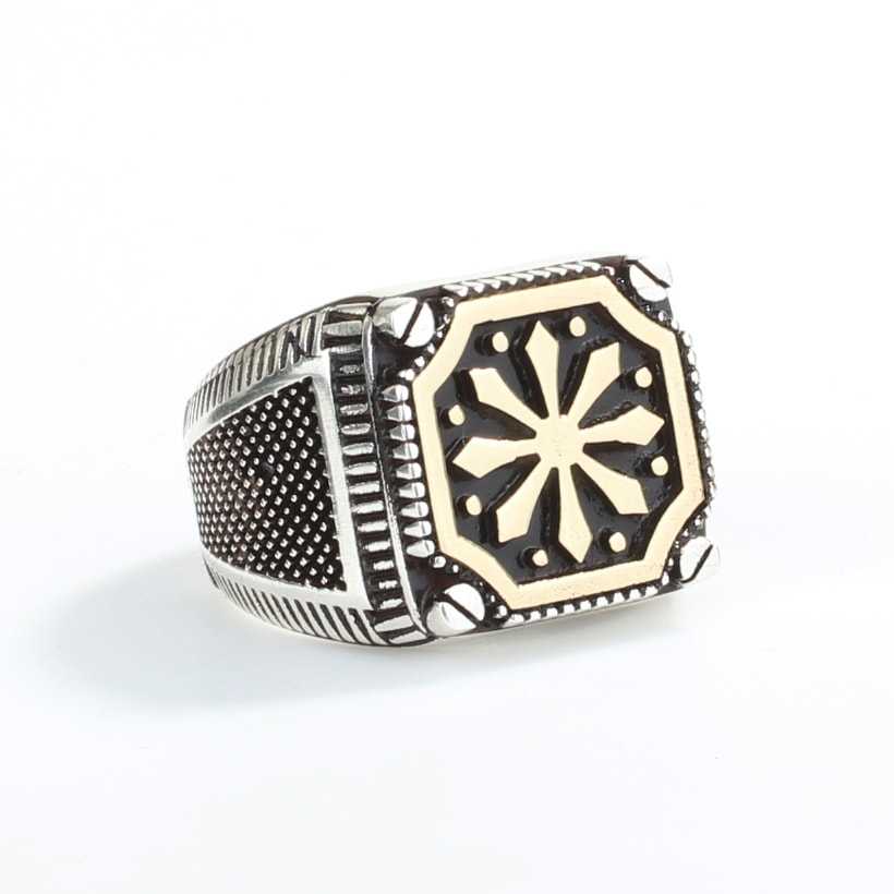 Premium Sterling Silver Square Snowflake Motif Mens Ring