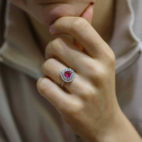 Sterling Silver Heart Ring with Ruby Zircon & White Zircon Halo
