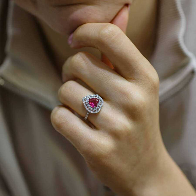 Sterling Silver Heart Ring with Ruby Zircon & White Zircon Halo