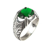 Sterling Silver Men's Ring - Oval Faceted Synthetic Emerald
