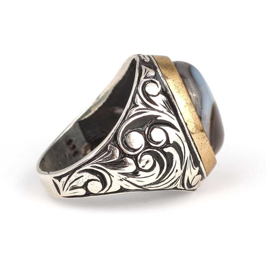925 Sterling Silver Men's Ring - Yemen Agate, Bronze Setting
