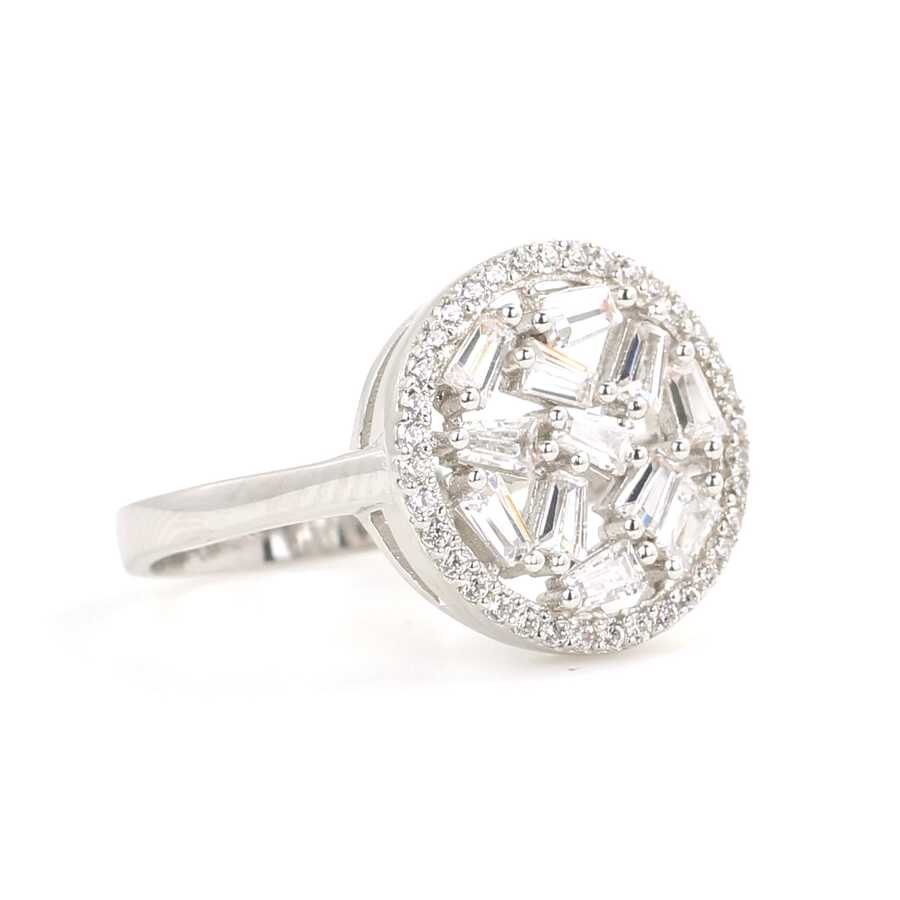 925 Sterling Silver Baguette Zircon Ring - Contemporary Round Design