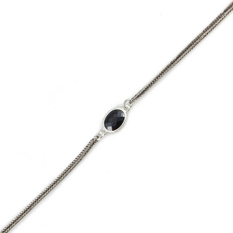 Sterling Silver Foxtail Chain Bracelet with Deep Onyx Zircon