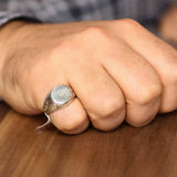 Sterling Silver Round Mirror Ring - Textured Band & Scratched Edge