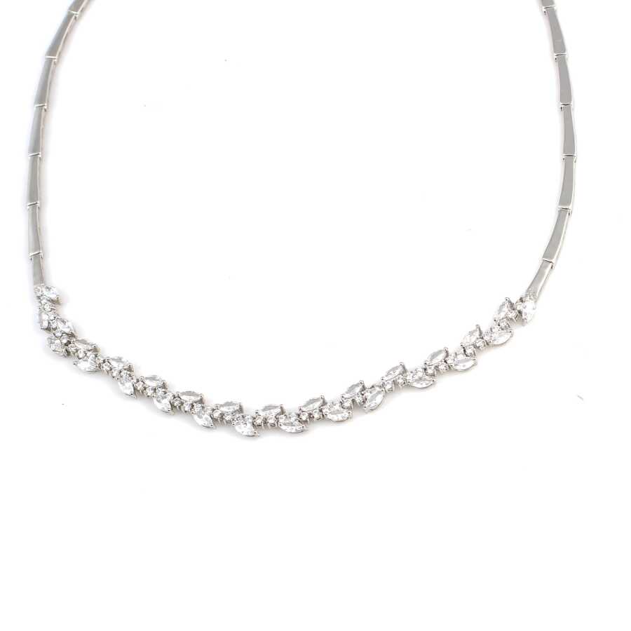 Sterling Silver White Zircon Leaf Tennis Necklace