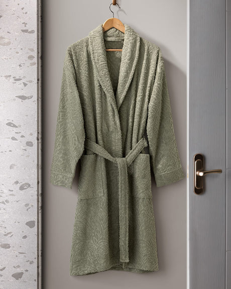 Unisex 100% Cotton Jacquard Shawl Collar Bathrobe, Khaki