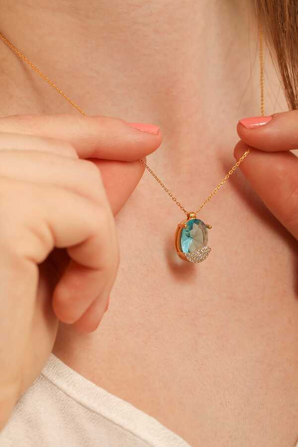 925 Sterling Silver Aquamarine & Zircon Gemstone Pendant Necklace