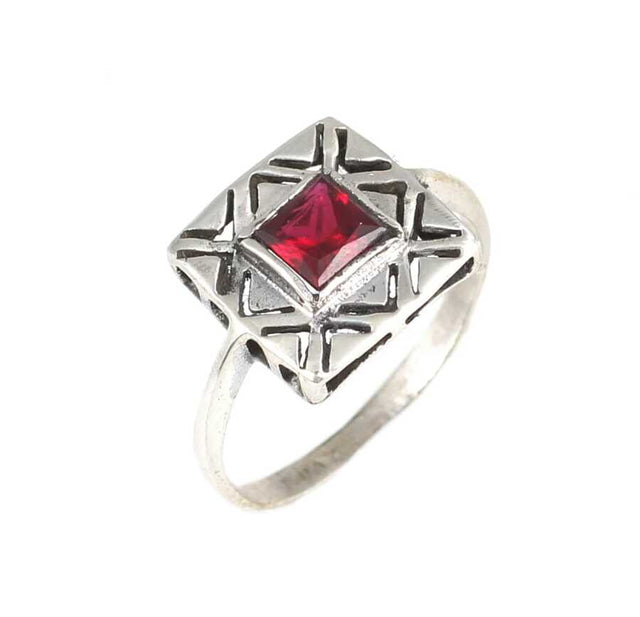 Sterling Silver Garnet Square Ring - Modern Geometric Style
