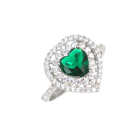 Sterling Silver Heart Ring - Emerald Color Zircon Double Halo