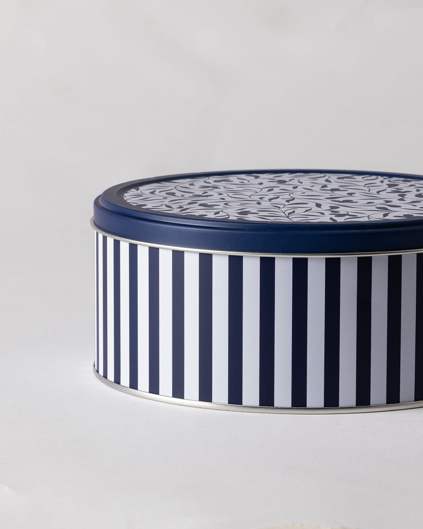 Metal Round Storage Box - Blue & White Decorative Design