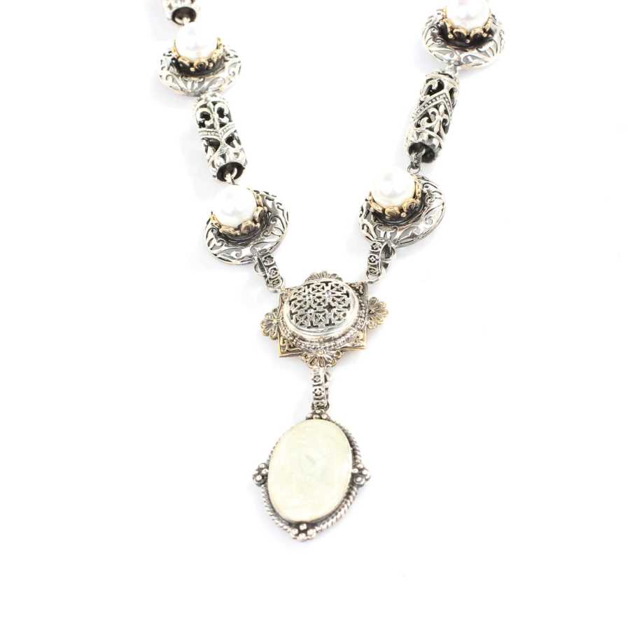 Sterling Silver Enamel Pearl Byzantine Necklace - Constantin Design
