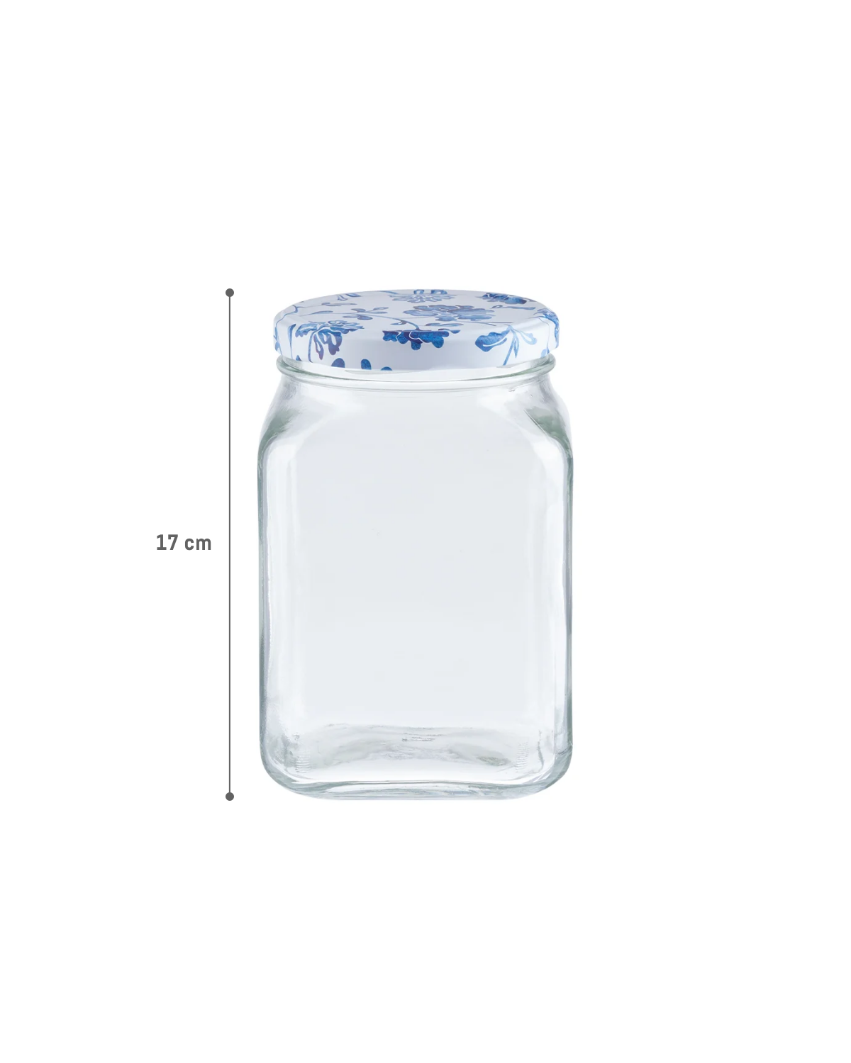 Square Glass Food Storage Jar with Blue Floral Design - 1600 ml