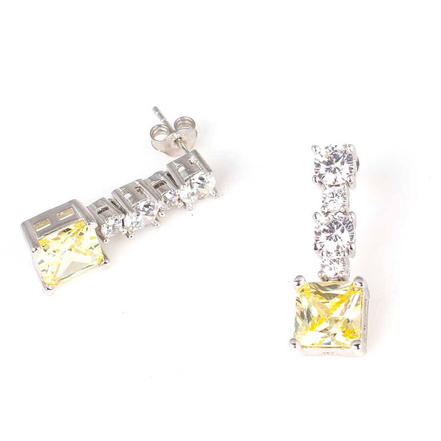 925 Sterling Silver Square Citrine & Zircon Fancy Earrings