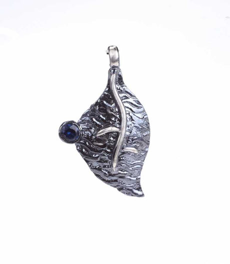Handcrafted Oxidized Sterling Silver Leaf Pendant - Blue Zircon