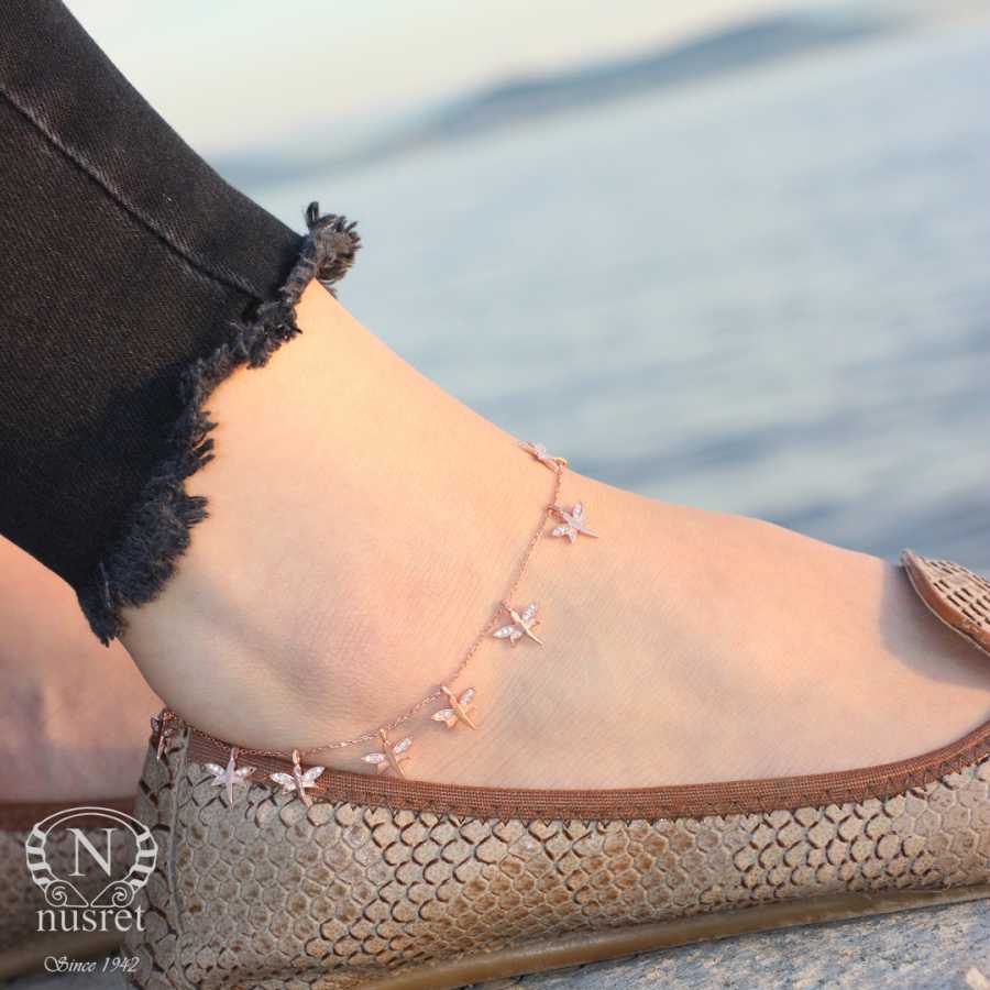 Sterling Silver Delicate Dragonfly Anklet with Sparkling Zircon