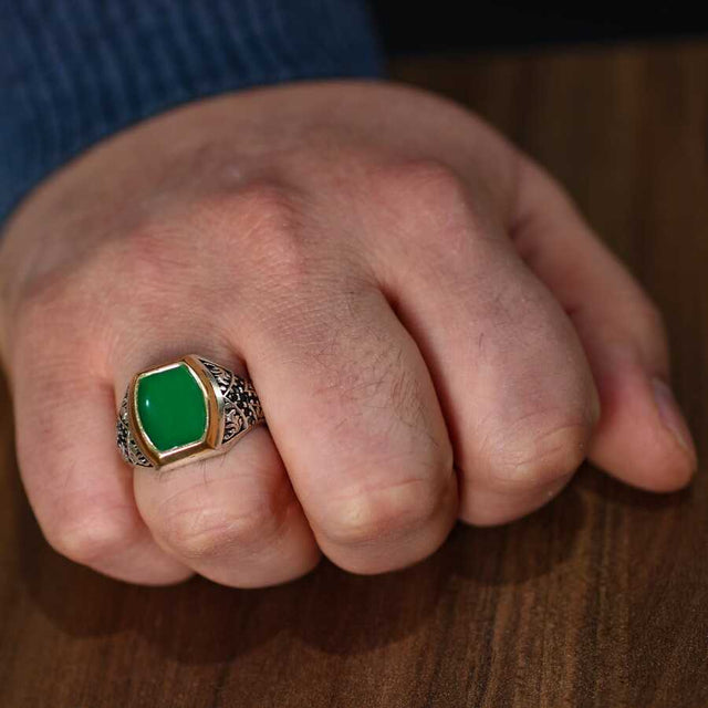 925 Sterling Silver Men's Statement Ring with Green Enamel & Zircon