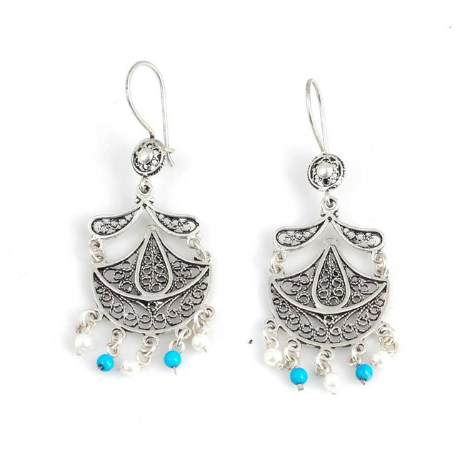 Sterling Silver Filigree Moon & Teardrop Turquoise & Pearl Dangle Earrings