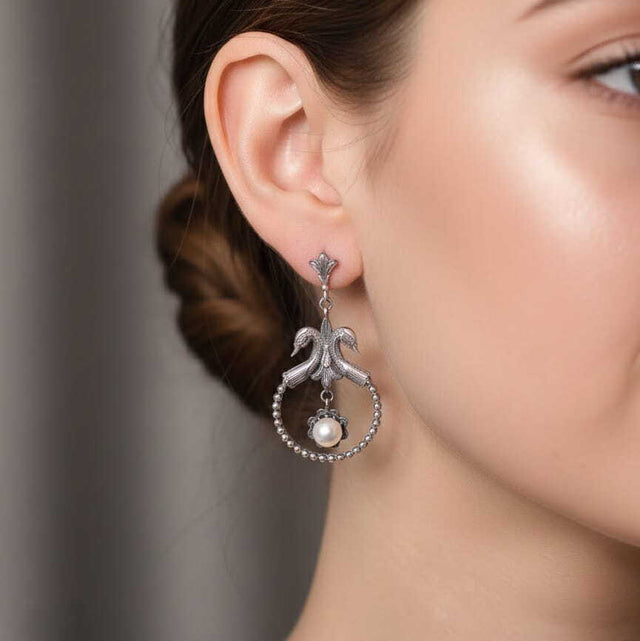 Sterling Silver Pearl Swan Earrings - Antique Byzantine Style
