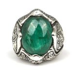Bague homme en argent sterling 925 - Jade ovale et motif de feuille gravé à la main