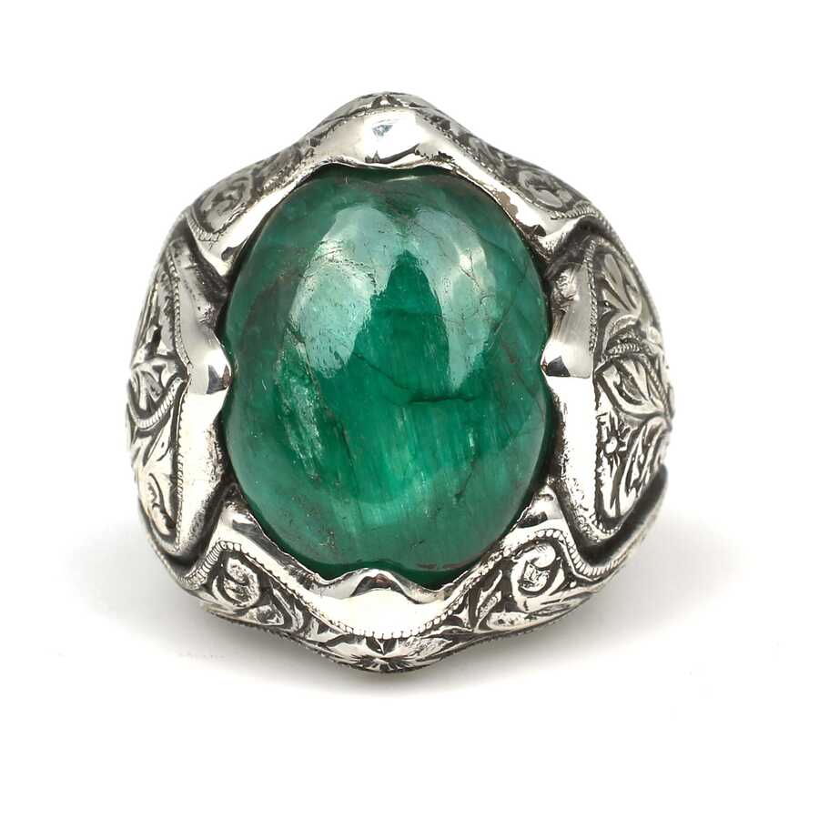 Bague homme en argent sterling 925 - Jade ovale et motif de feuille gravé à la main