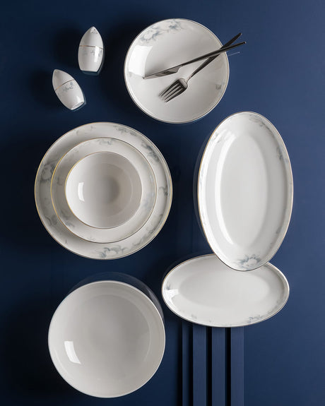Fine Bone Porcelain 12-Person Dinner Set - White & Light Blue