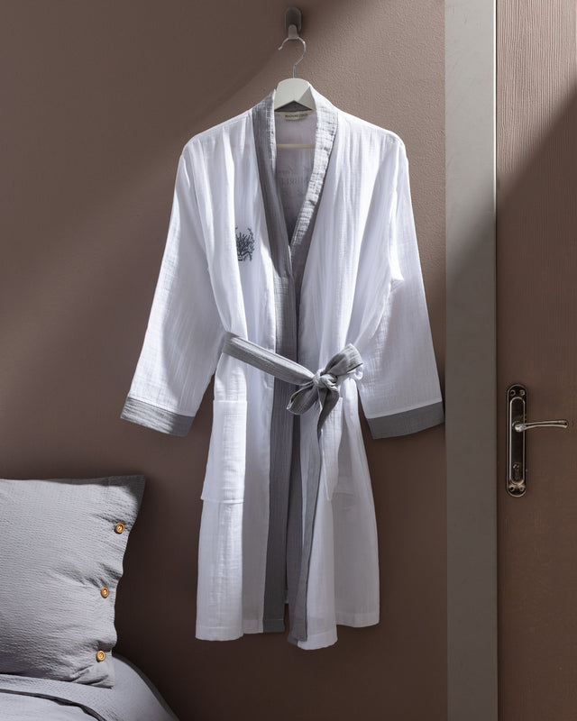Cherina Muslin 100% Cotton Women's Bathrobe - White/Grey