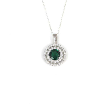 925 Sterling Silver Green Zircon Double Halo Pendant Necklace