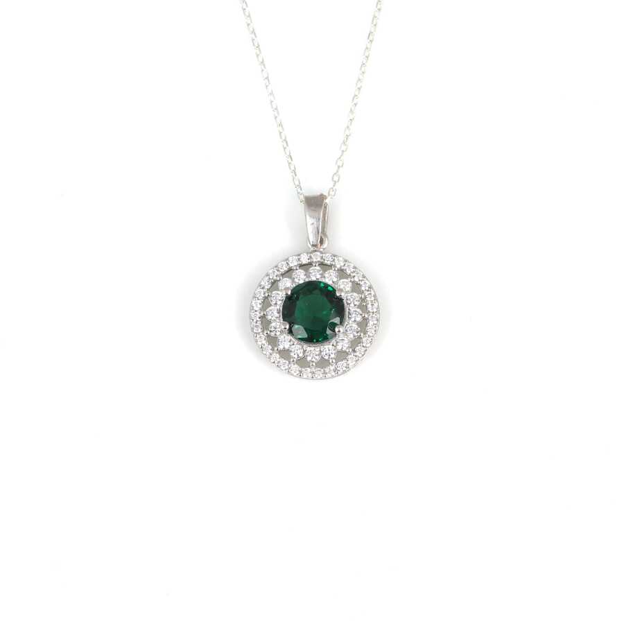 925 Sterling Silver Green Zircon Double Halo Pendant Necklace