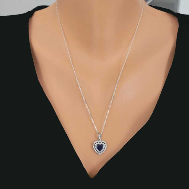 Sterling Silver Heart Double Halo Sapphire Zircon Necklace