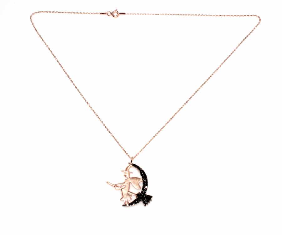 Rose-Tone Sterling Silver Witch on Moon Necklace with Black Zircon