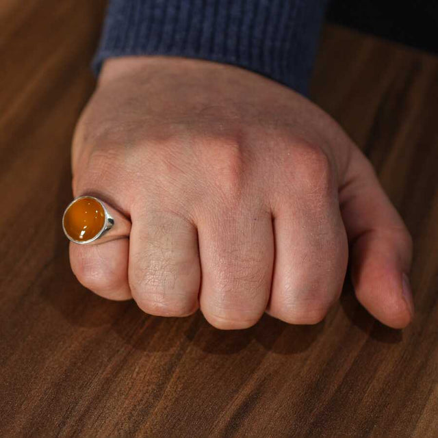 Professional Sterling Silver Synthetic Amber Round Men's Ring