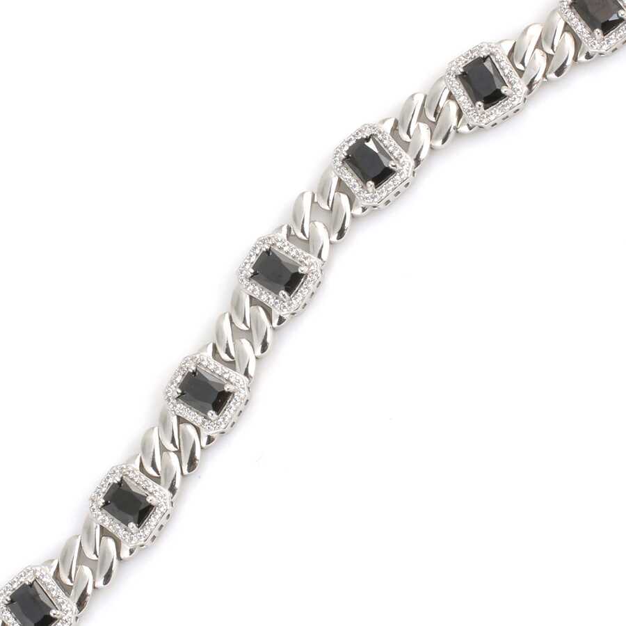 Sterling Silver Rectangular Onyx Bracelet - Zircon Chain Design